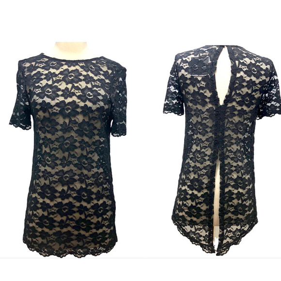 The Perfext Lela Sheer Floral Lace Top Keyhole Slit Back Black Medium NWT - Picture 1 of 12